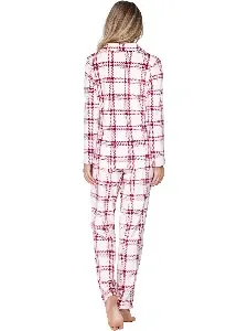 Pastunette dames Pyjama: Rode carree, Fleece, doorknoop model ( PAS.182 )