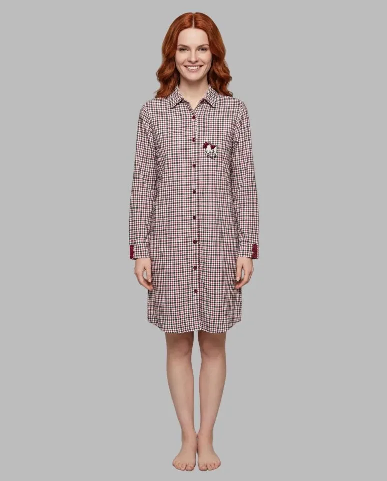 Egatex Senoretta Nachthemd Dames: Doorknoop model, Bordeaux karree ( EGA.553 )