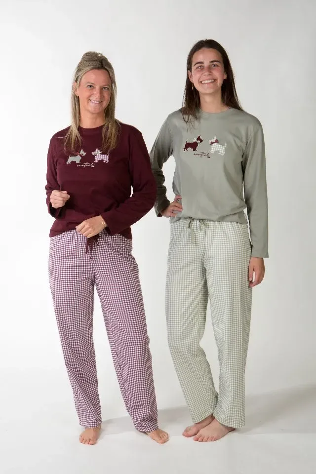 Perlina Dames Pyjama: Valentina A, Bordeaux of Groen, Interlock Brushed ( LIN.156 / LINA.157 )