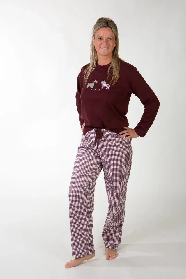 Perlina Dames Pyjama: Valentina A, Bordeaux of Groen, Interlock Brushed ( LIN.156 / LINA.157 )