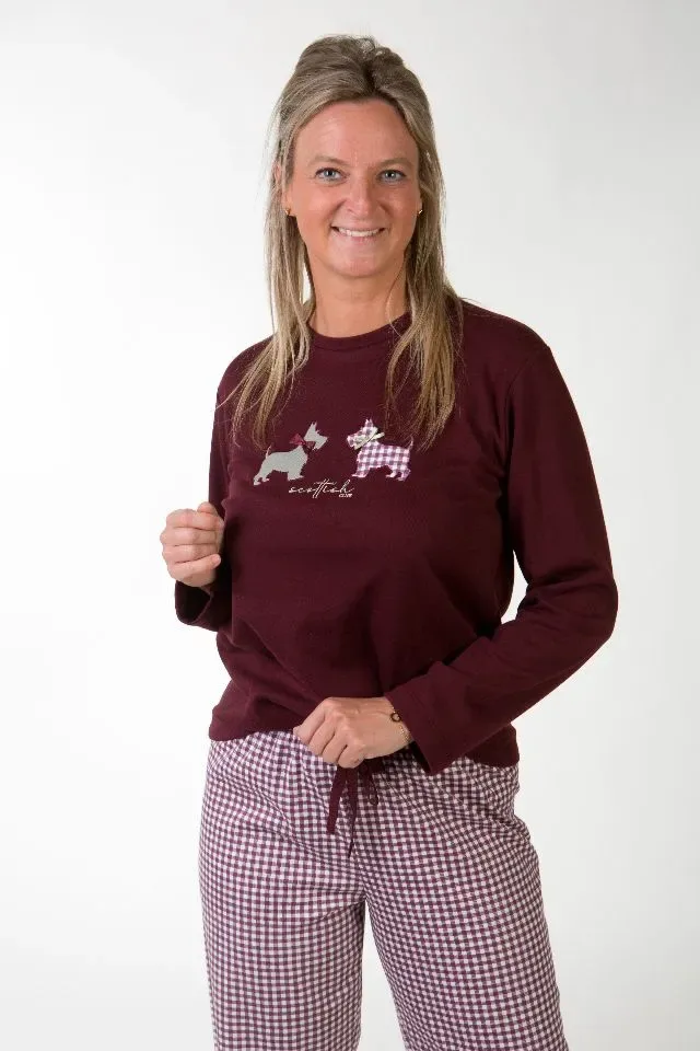 Perlina Dames Pyjama: Valentina A, Bordeaux of Groen, Interlock Brushed ( LIN.156 / LINA.157 )