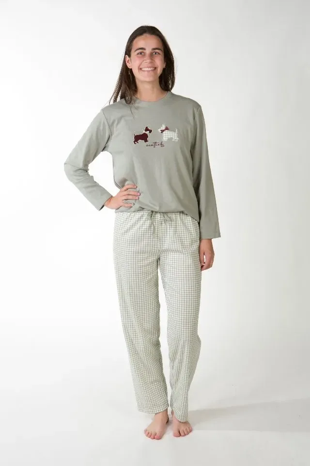 Perlina Dames Pyjama: Valentina A, Bordeaux of Groen, Interlock Brushed ( LIN.156 / LINA.157 )