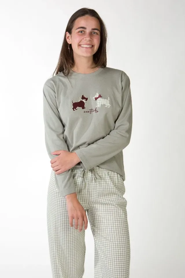 Perlina Dames Pyjama: Valentina A, Bordeaux of Groen, Interlock Brushed ( LIN.156 / LINA.157 )