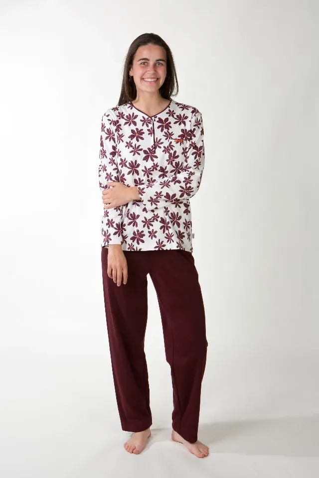 Perlina Dames Pyjama: Madison A, Bordeau, Interlock Brushed, tot 5XL ( LINA.166 )
