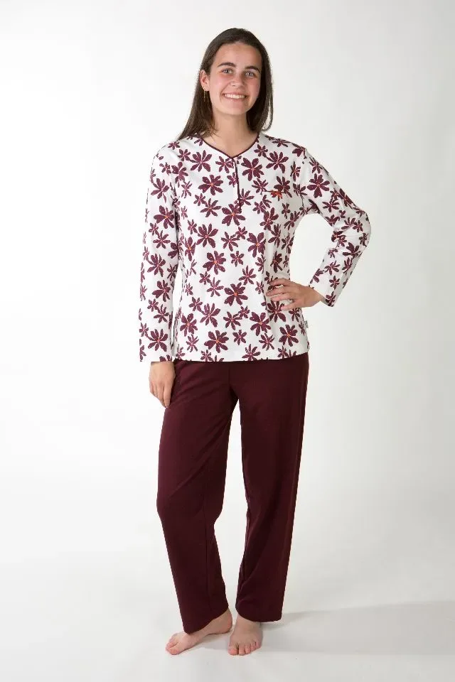 Perlina Dames Pyjama: Madison A, Bordeau, Interlock Brushed, tot 5XL ( LINA.166 )