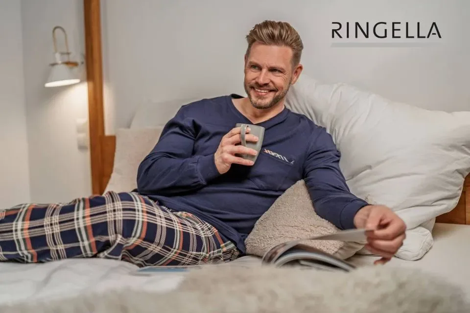 Ringella Pyjama Heren: Blauw / koraal, Interlock  rin.643
