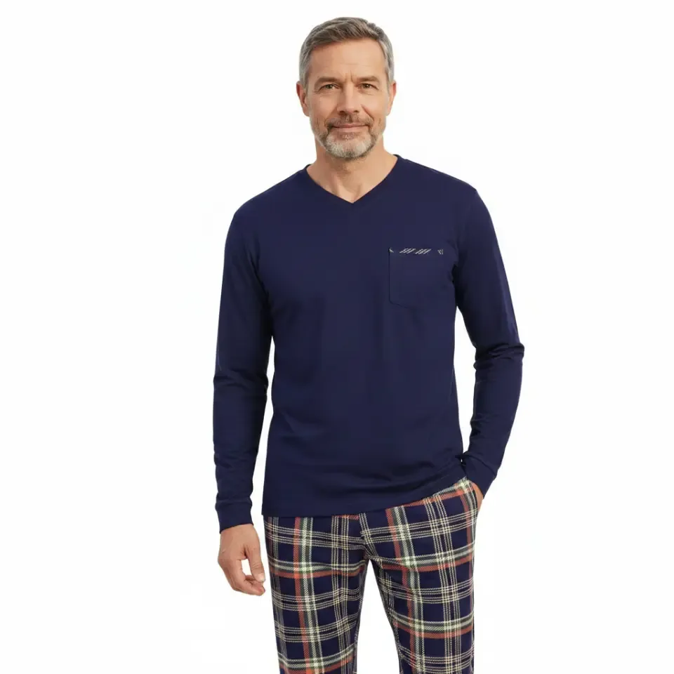 Ringella Pyjama Heren: Blauw / koraal, Interlock  rin.643