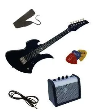 Vision kindergitaar elektrisch, zwart, heavy metal style met versterker en startset