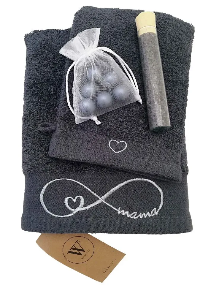 Geborduurde Handdoek en Washandje voor Mama - Antraciet
