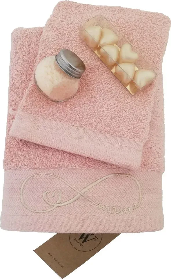 Geborduurde Handdoek en Washandje voor Mama - Zalmroze