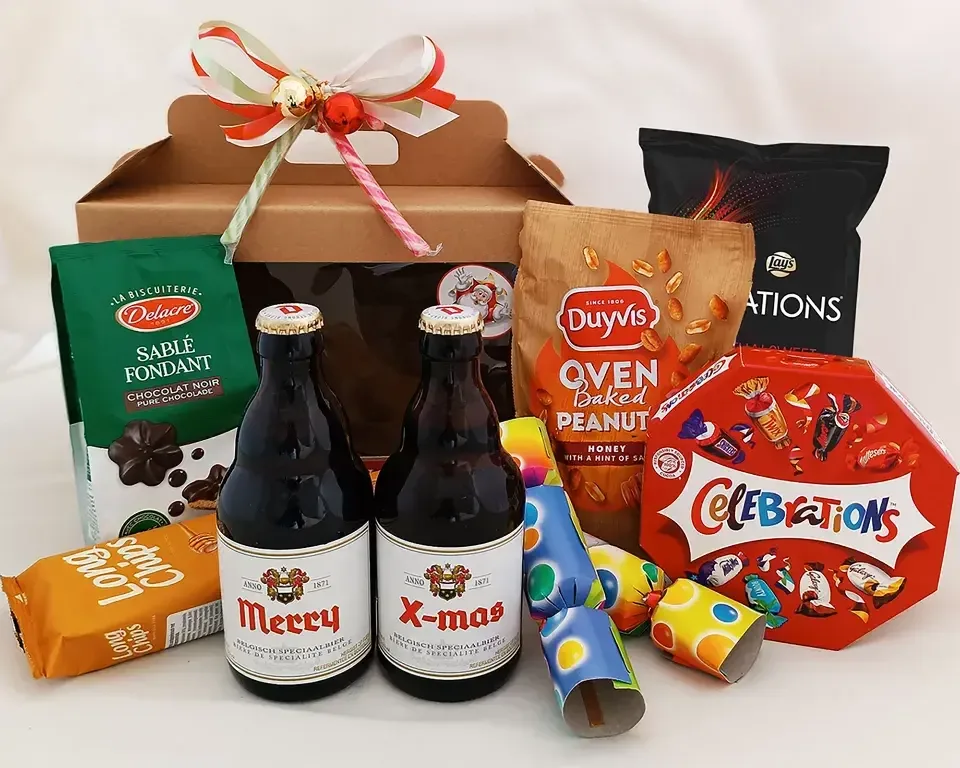 Kerstpakket : 'Merry X-mas' Duvel flesjes met Snacks