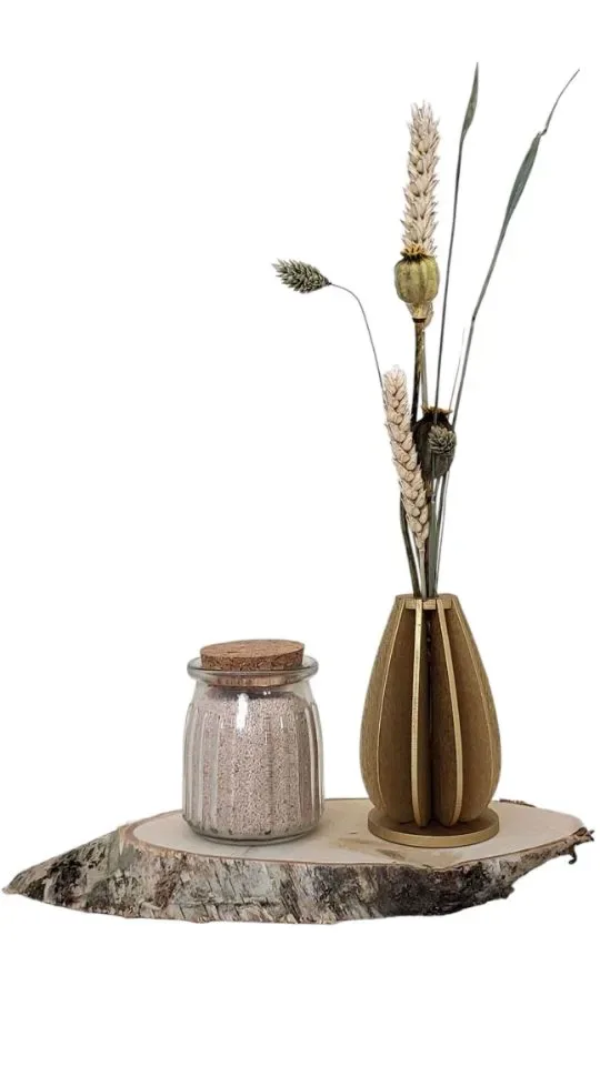 Houten Vaasje met Droogbloemen en Glaasje met Kaarsenzand - Beige