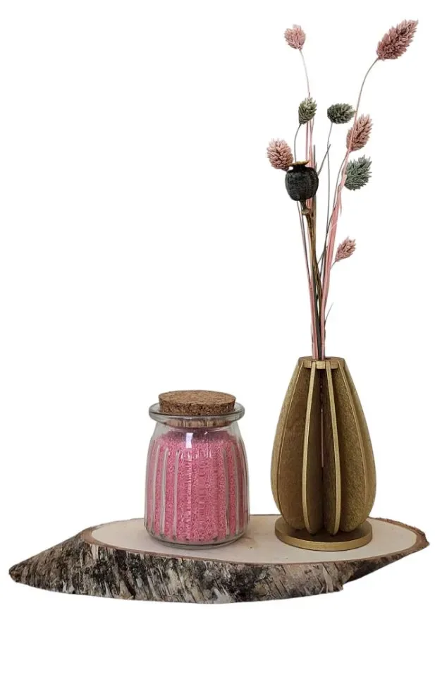Houten Vaasje met Droogbloemen en Glaasje met Kaarsenzand - Roze