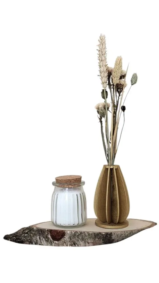 Houten Vaasje met Droogbloemen en Glaasje met Kaarsenzand - Wit