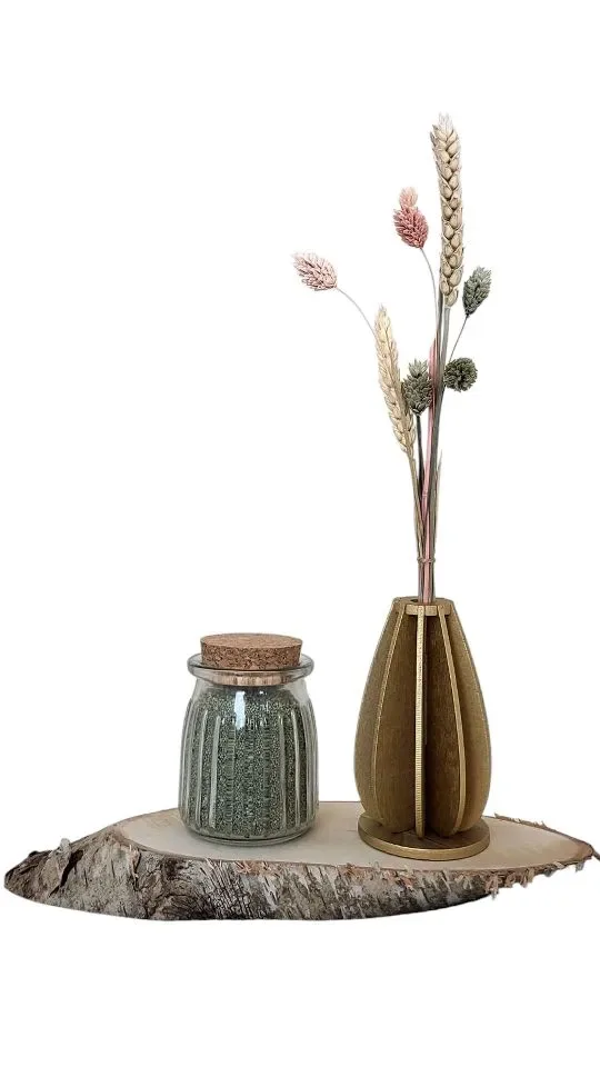 Houten Vaasje met Droogbloemen en Glaasje met Kaarsenzand - Groen